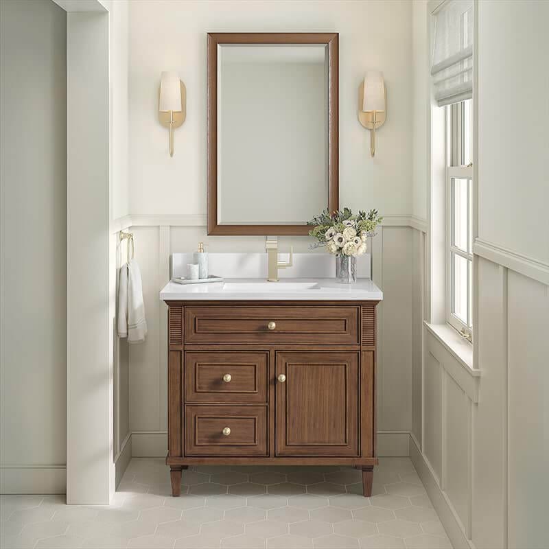 Lorelai 36" Single Vanity in Mid Century Walnut With Single Hole Faucet White Zeus Silestone Top Backsplash