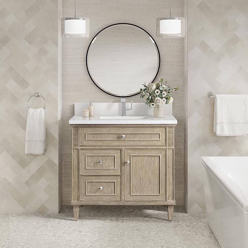 Lorelai 36" Single Vanity in Whitewashed Oak With Single Hole Faucet White Zeus Silestone Top Backsplash