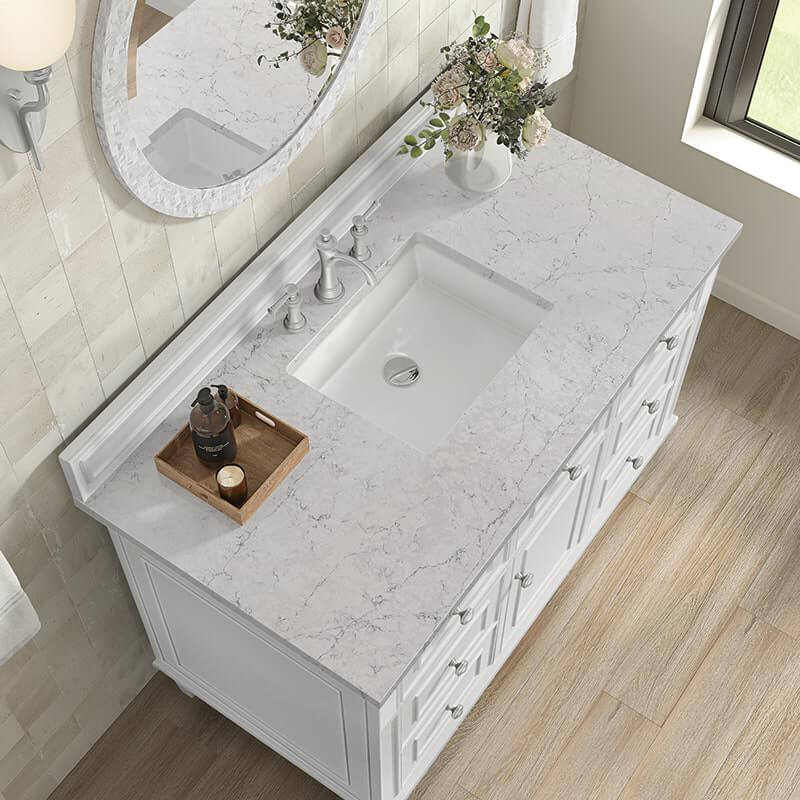 Lorelai 48 Inch Single Vanity in Bright White With Eternal Jasmine Pearl Silestone Top