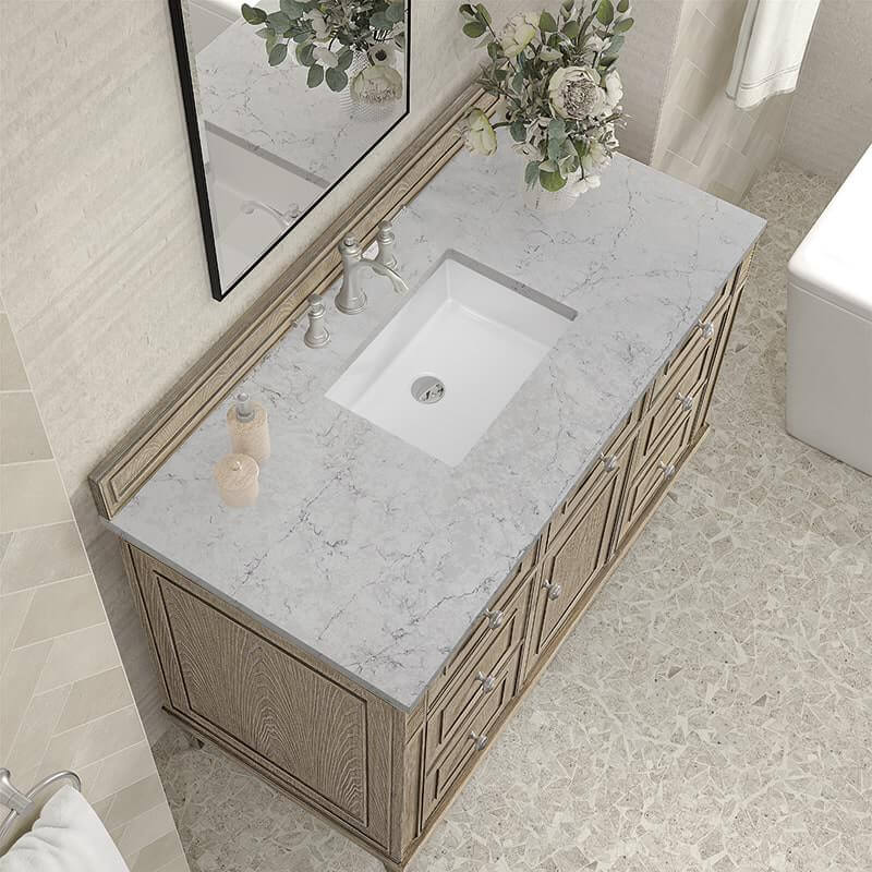 Lorelai 48 Inch Single Vanity in Whitewashed Oak With Eternal Jasmine Pearl Silestone Top