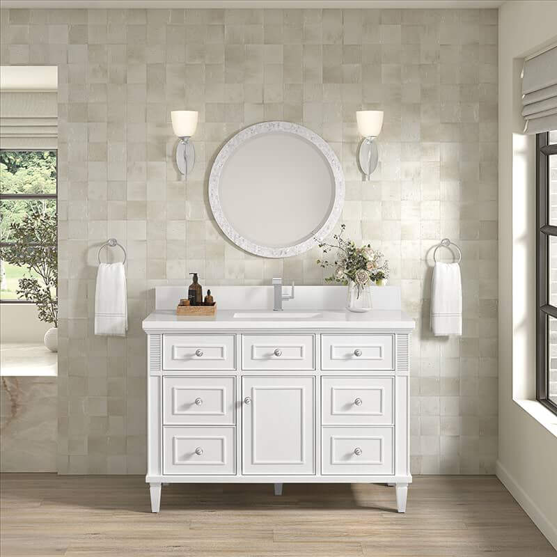 Lorelai 48" Single Vanity in Bright White With Single Hole Faucet White Zeus Silestone Top Backsplash