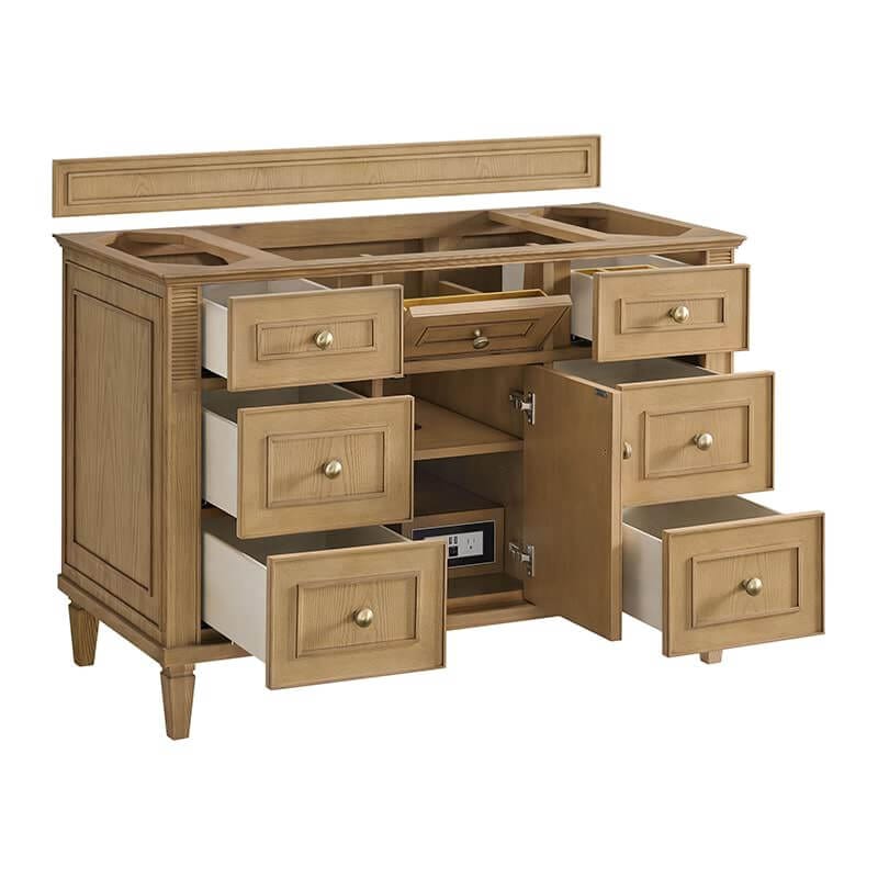 Lorelai 48" Single Vanity in Light Natural Oak Corner View Open Drawers