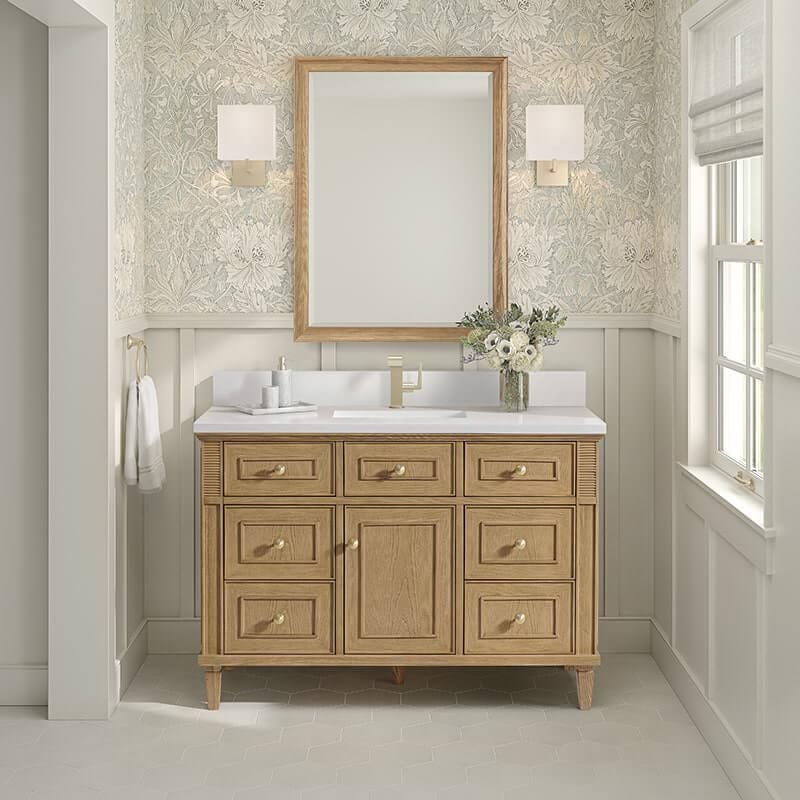 Lorelai 48 Single Vanity in Light Natural Oak With Single Hole Faucet White Zeus Silestone Top Backsplash