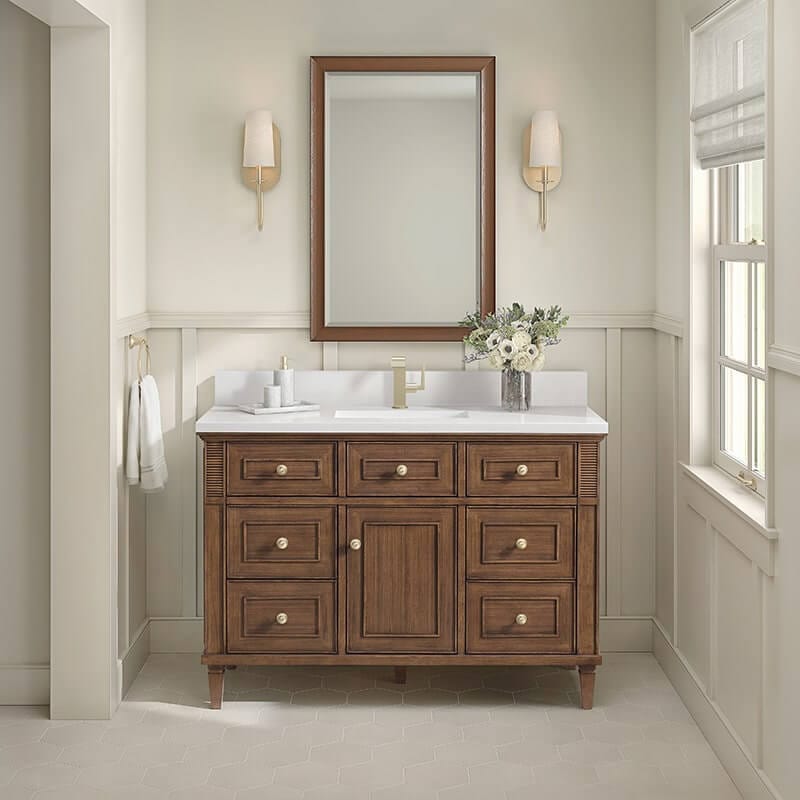 Lorelai 48" Single Vanity in Mid Century Walnut With Single Hole Faucet White Zeus Silestone Top Backsplash