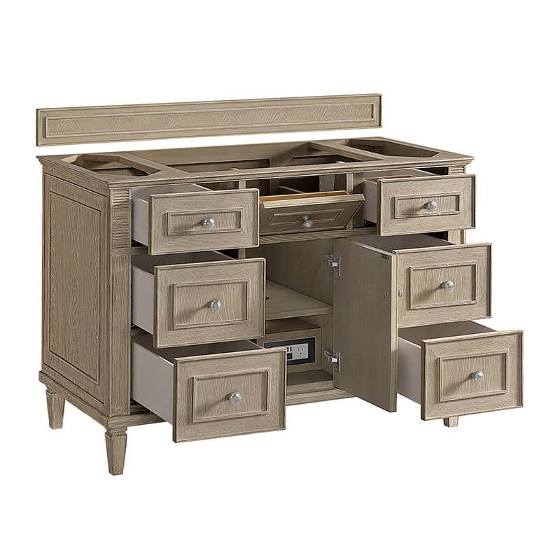 Lorelai 48" Single Vanity in Whitewashed Oak Corner View With Open Drawers