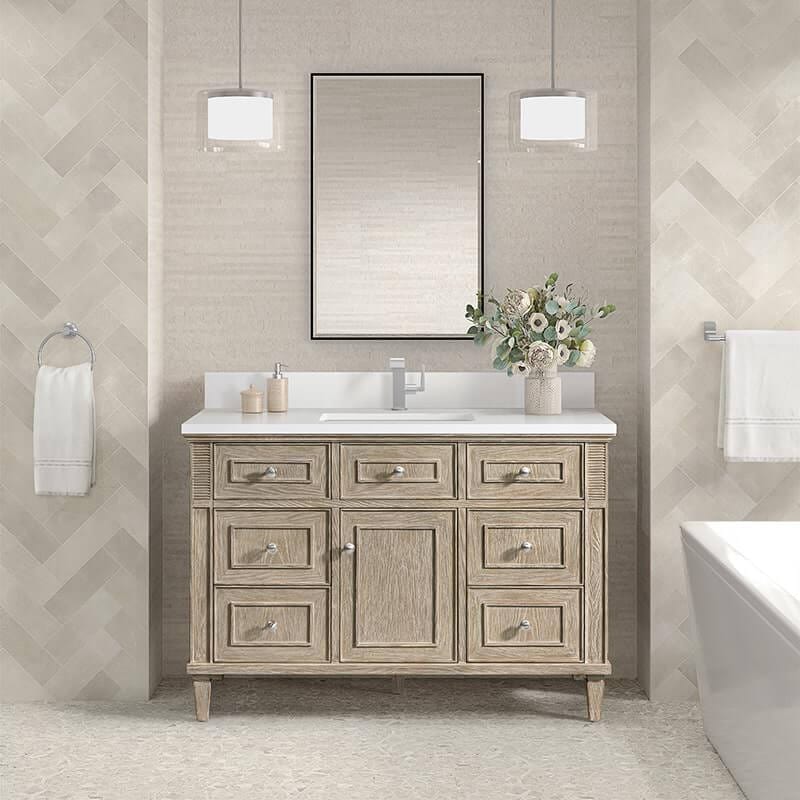 Lorelai 48" Single Vanity in Whitewashed Oak With Single Hole Faucet White Zeus Silestone Top Backsplash