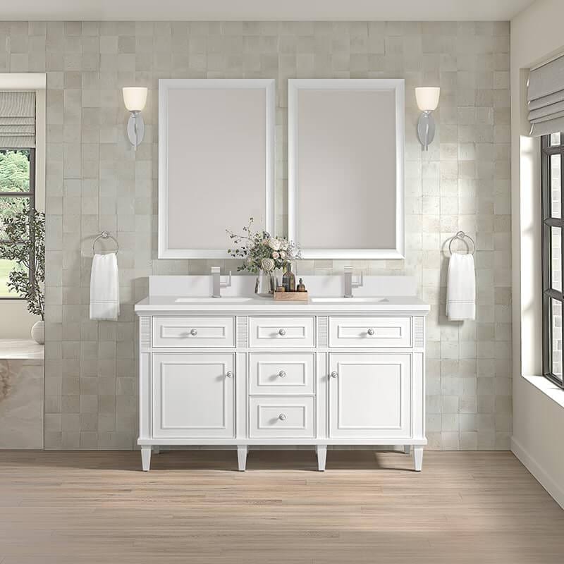 Lorelai 60" Double Vanity in Bright White With Single Hole Faucet White Zeus Silestone Top Backsplash