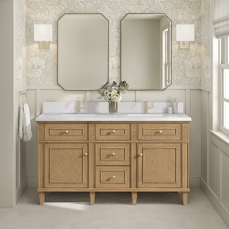 Lorelai 60" Double Vanity in Light Natural Oak With Single Hole Faucet White Zeus Silestone Top Backsplash
