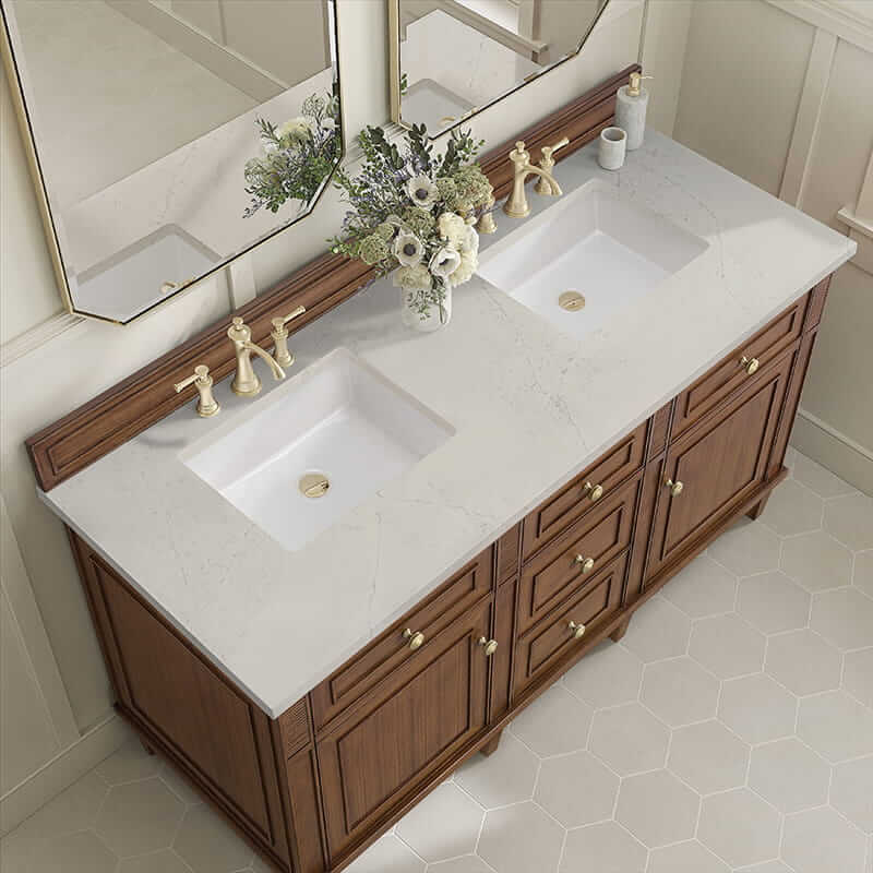 Lorelai 60" Double Vanity in Mid Century Acacia With Siberian Silestone Top