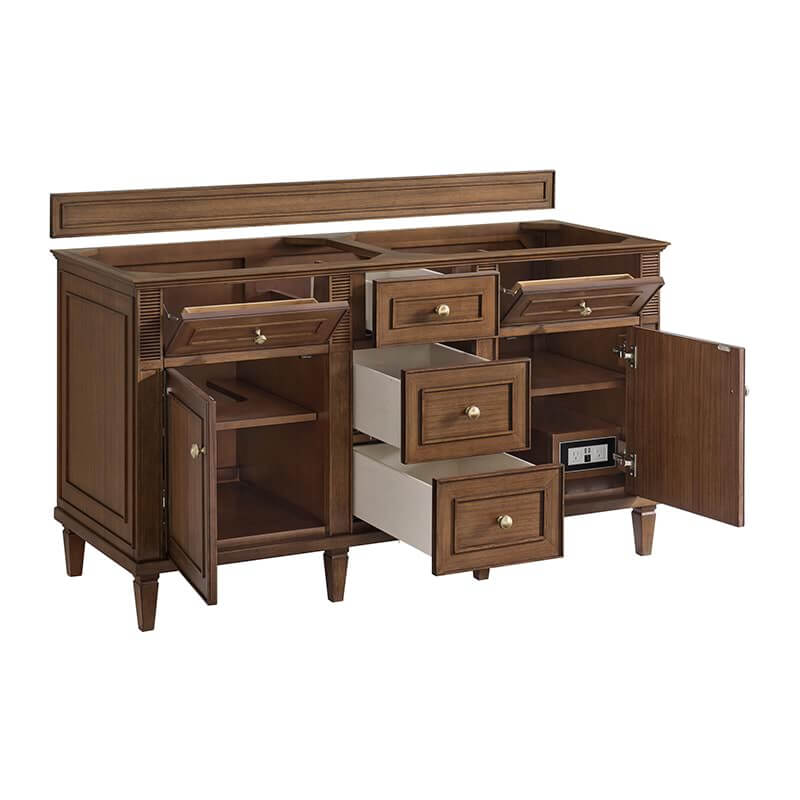 Lorelai 60" Double Vanity in Mid Century Walnut Corner View Open Drawers