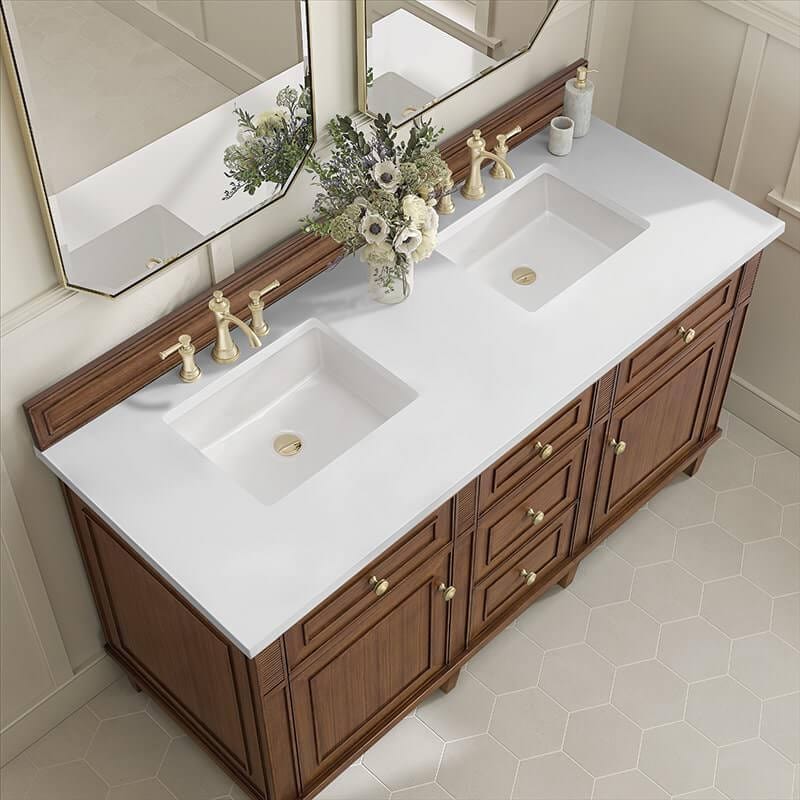 Lorelai 60" Double Vanity in Mid Century Walnut With White Zeus Silestone Top