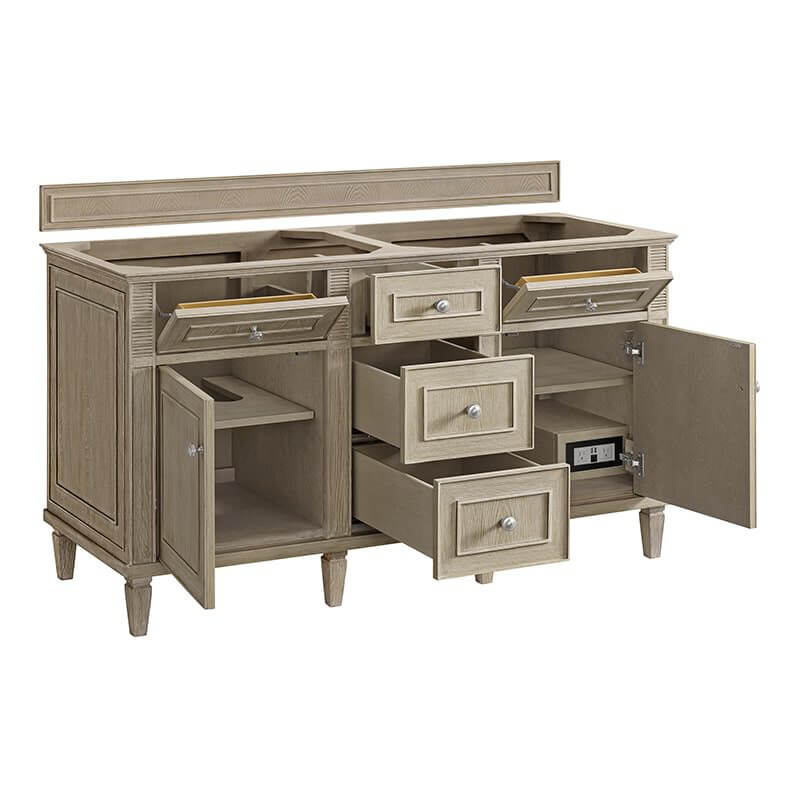 Lorelai 60" Double Vanity in Whitewashed Oak Corner View Open Drawers