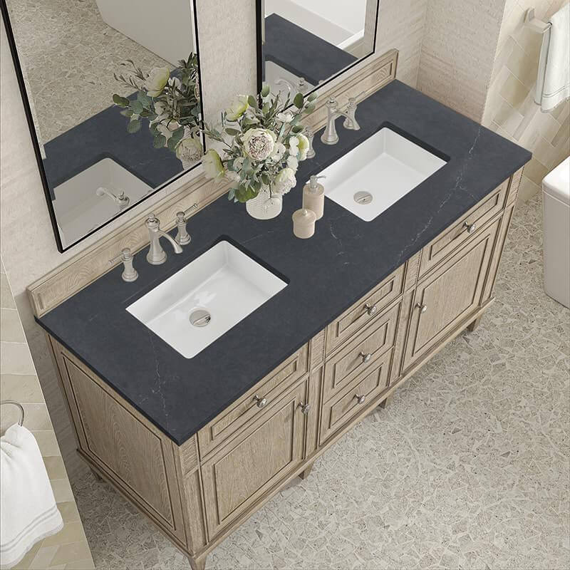 Lorelai 60" Double Vanity in Whitewashed Oak With Charcoal Soapstone Silestone Top