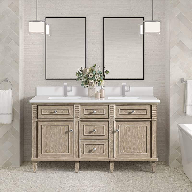 Lorelai 60" Double Vanity in Whitewashed Oak With Single Hole Faucet White Zeus Silestone Top Backsplash