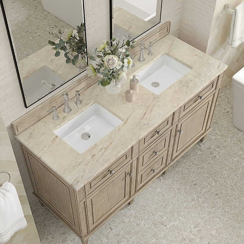 Lorelai 60" Double Vanity in Whitewashed Oak With Tajnar Eclos Top