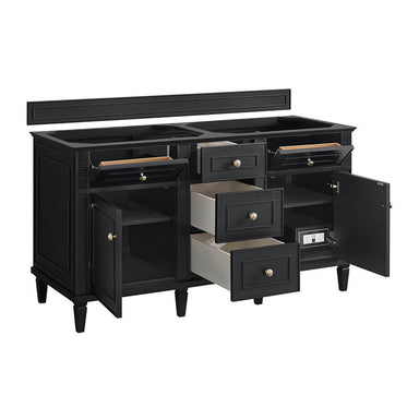 Lorelai 60 Inch Double Vanity in Black Onyx Corner View With Open Drawers