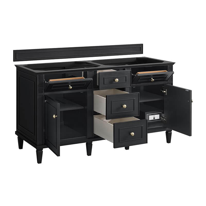 Lorelai 60 Inch Double Vanity in Black Onyx Corner View With Open Drawers