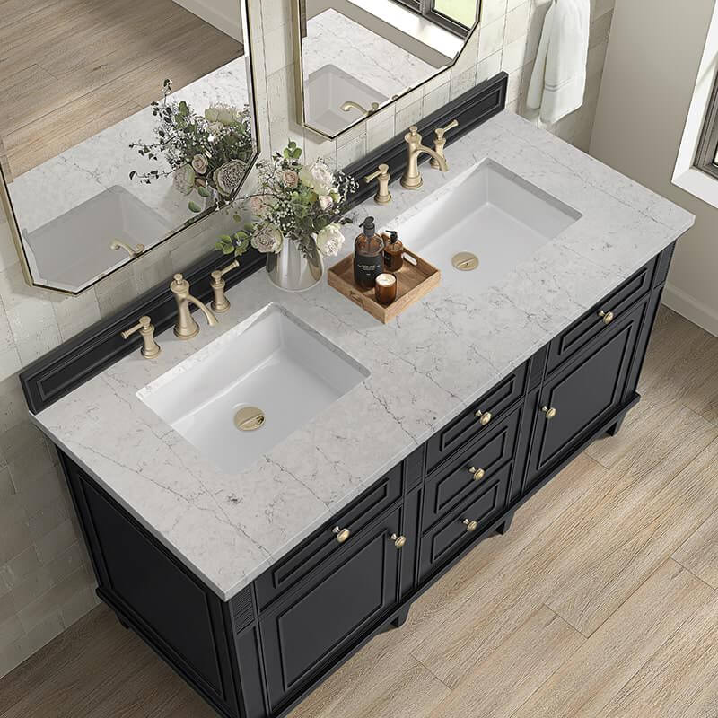 Lorelai 60 Inch Double Vanity in Black Onyx With Eternal Jasmine Pearl Silestone Top