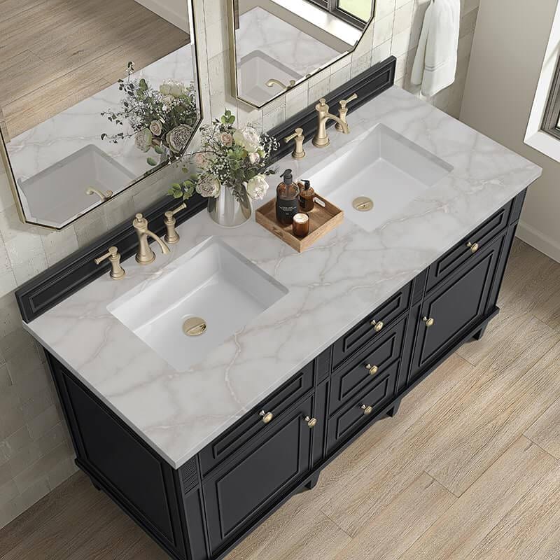 Lorelai 60 Inch Double Vanity in Black Onyx With Victorian Silver Silestone Top