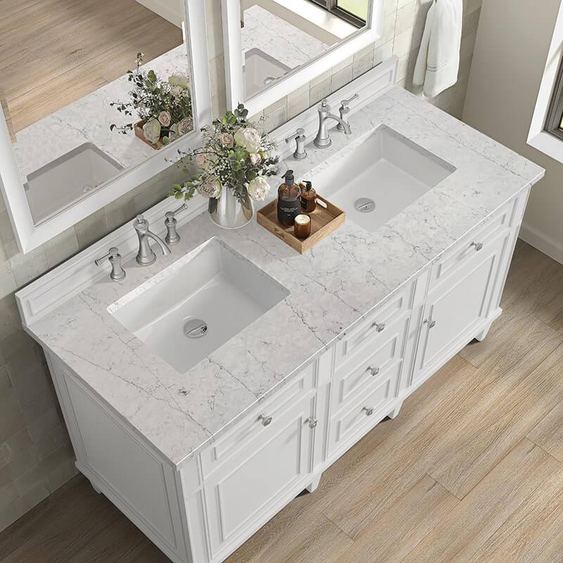 Lorelai 60 Inch Double Vanity in Bright White With Eternal Jasmine Pearl Silestone Top
