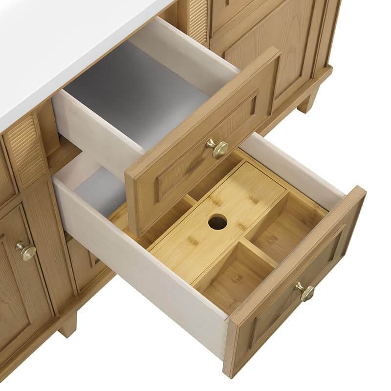 Lorelai 60 Inch Double Vanity in Light Natural Oak Top View Open Drawers