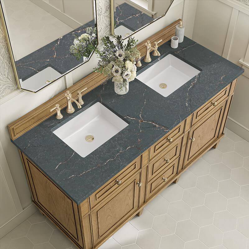 Lorelai 60 Inch Double Vanity in Light Natural Oak With Parisien Bleu Silestone Top