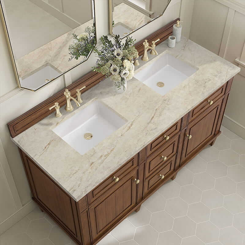Lorelai 60 Inch Double Vanity in Mid Century Acacia With Tajnar Eclos Top