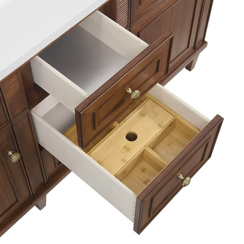 Lorelai 60 Inch Double Vanity in Mid Century Walnut Top View Drawers