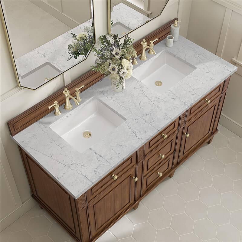 Lorelai 60 Inch Double Vanity in Mid Century Walnut With Eternal Jasmine Pearl Silestone Top