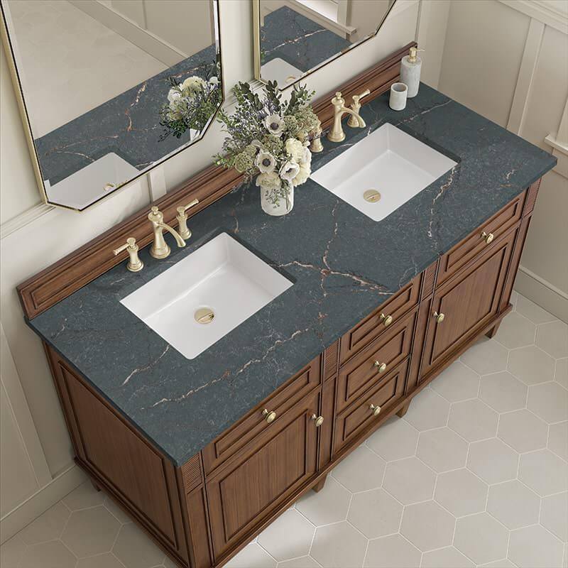 Lorelai 60 Inch Double Vanity in Mid Century Walnut With Parisien Bleu Silestone Top
