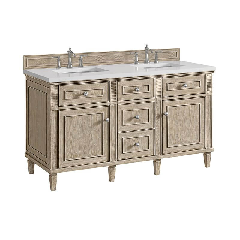 Lorelai 60 Inch Double Vanity in Whitewashed Oak Corner View With Countertop