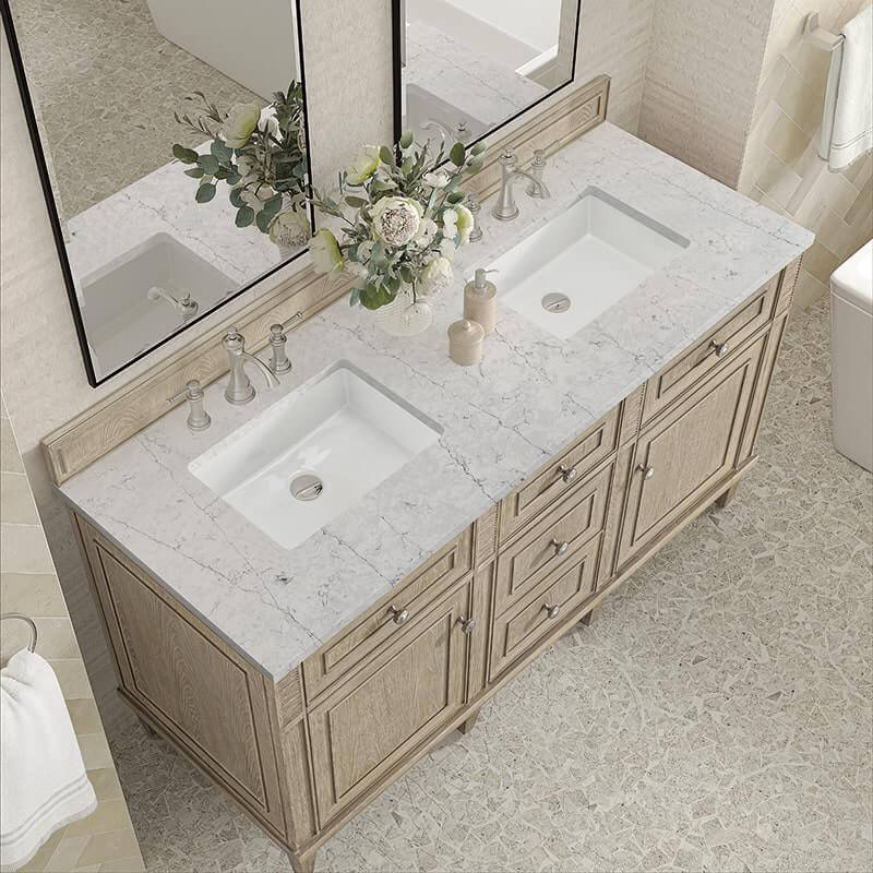 Lorelai 60 Inch Double Vanity in Whitewashed Oak With Eternal Jasmine Pearl Silestone Top