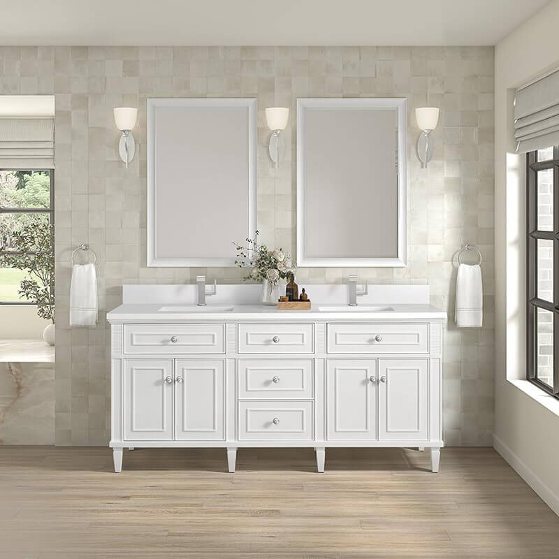Lorelai 72" Double Vanity in Bright White With Single Hole Faucet White Zeus Silestone Top Backsplash