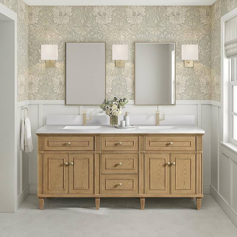Lorelai 72" Double Vanity in Light Natural Oak With Single Hole Faucet White Zeus Silestone Top Backsplash