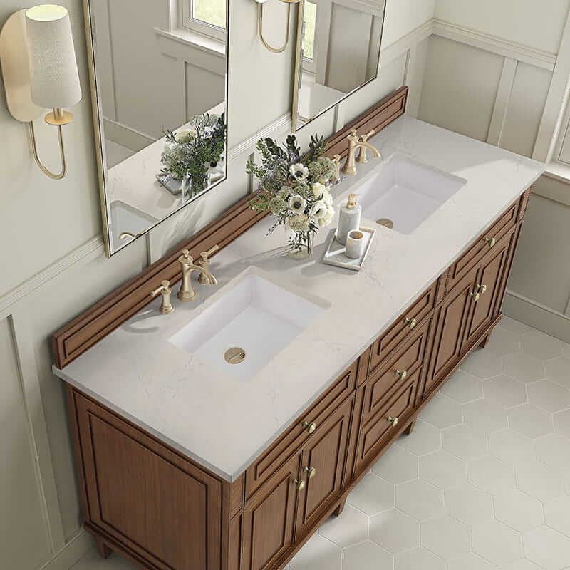 Lorelai 72" Double Vanity in Mid Century Acacia With Siberian Silestone Top