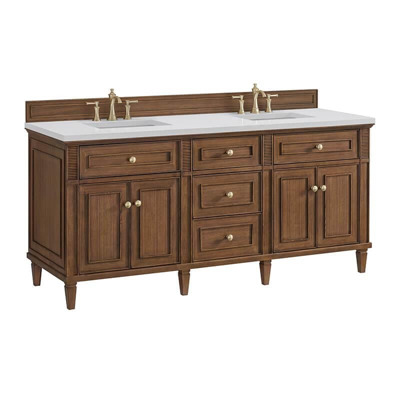 Lorelai 72" Double Vanity in Mid-Century Walnut Corner View With Countertop