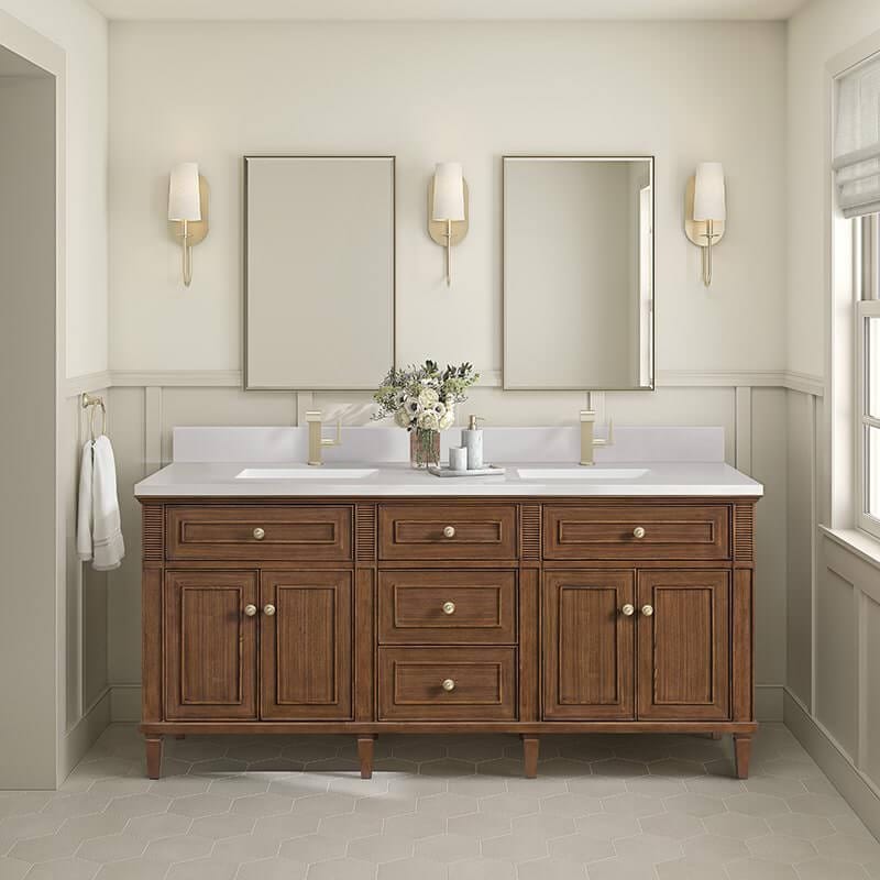 Lorelai 72" Double Vanity in Mid-Century Walnut With Single Hole Faucet White Zeus Silestone Top Backsplash
