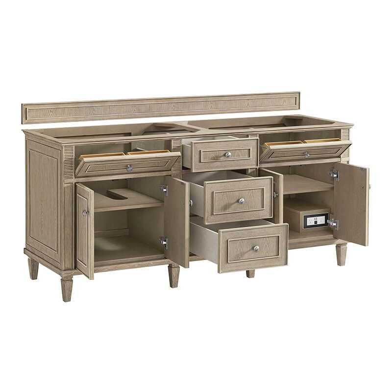 Lorelai 72" Double Vanity in Whitewashed Oak Corner View With Opened Drawers