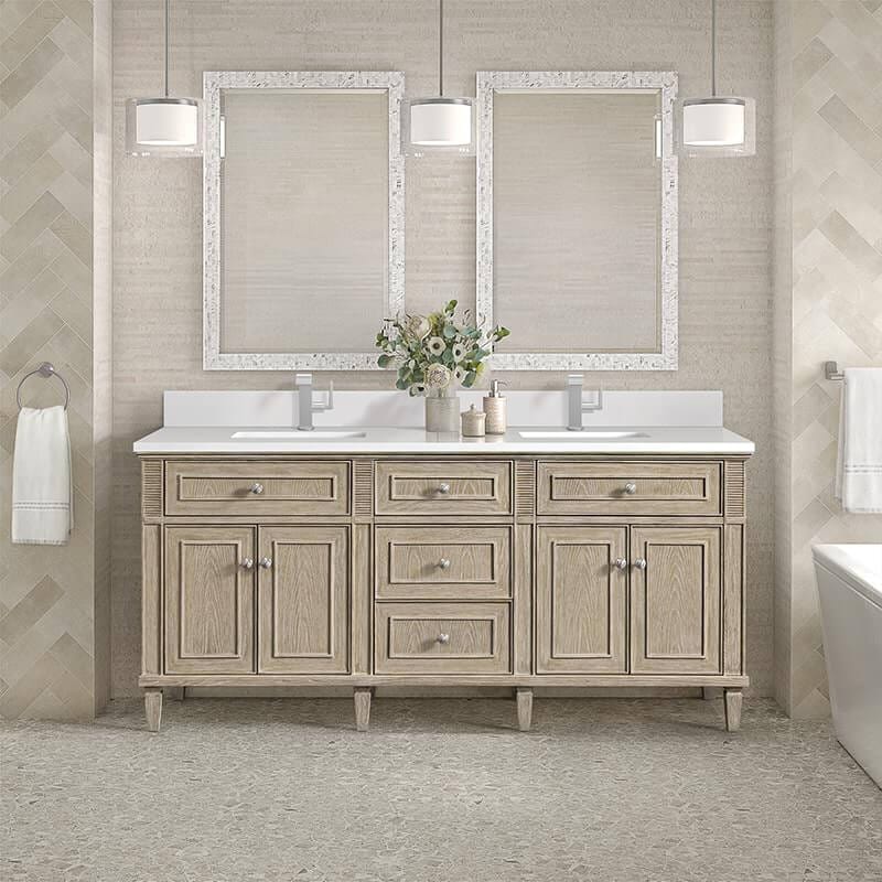 Lorelai 72" Double Vanity in Whitewashed Oak With Single Hole Faucet White Zeus Silestone Top Backsplash
