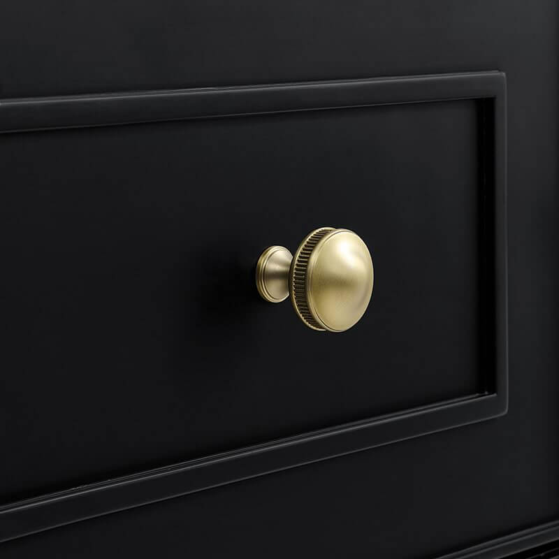 Lorelai 72 Inch Double Vanity in Black Onyx With Round Coin Edge Hardware in a Champagne Brass Knob