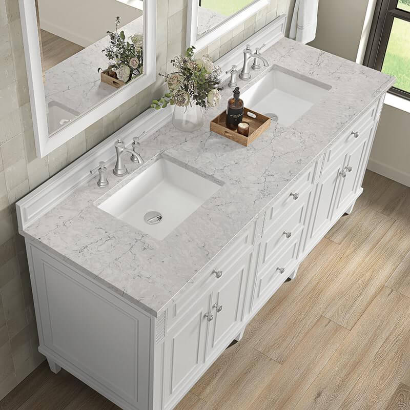 Lorelai 72 Inch Double Vanity in Bright White With Eternal Jasmine Pearl Silestone Top