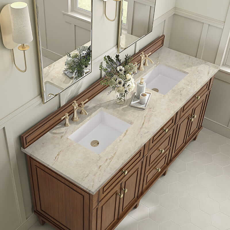 Lorelai 72 Inch Double Vanity in Mid Century Acacia With Tajnar Eclos Top