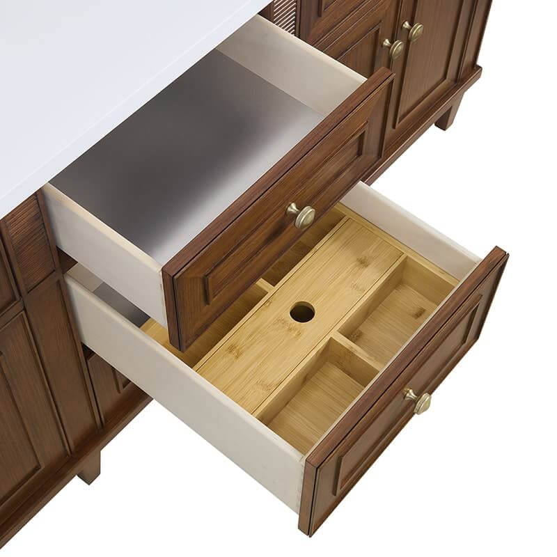 Lorelai 72 Inch Double Vanity in Mid-Century Walnut Top View Open Drawers