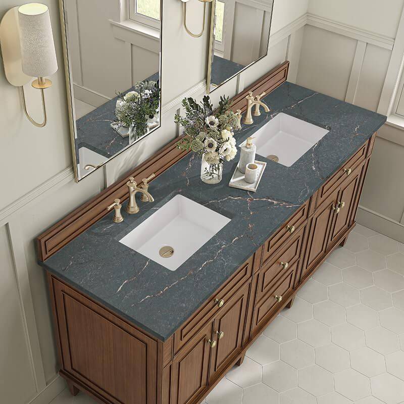 Lorelai 72 Inch Double Vanity in Mid Century Walnut With Parisien Bleu Silestone Top