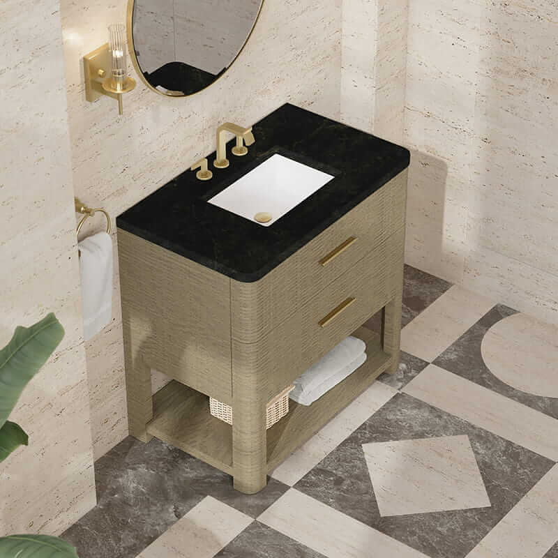 Lucian 36" Double Vanity in Pebble Oak With Phantome Eclos Widespread Top