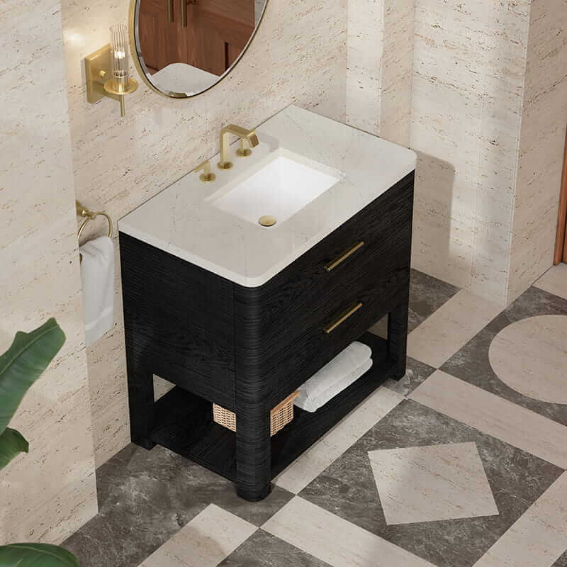 Lucian 36 Inch Double Vanity in Carbon Oak With Siberian Silestone Widespread Top