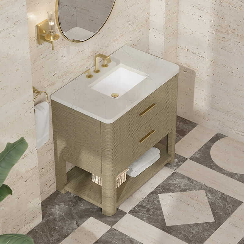 Lucian 36 Inch Double Vanity in Pebble Oak With Siberian Silestone Widespread Top