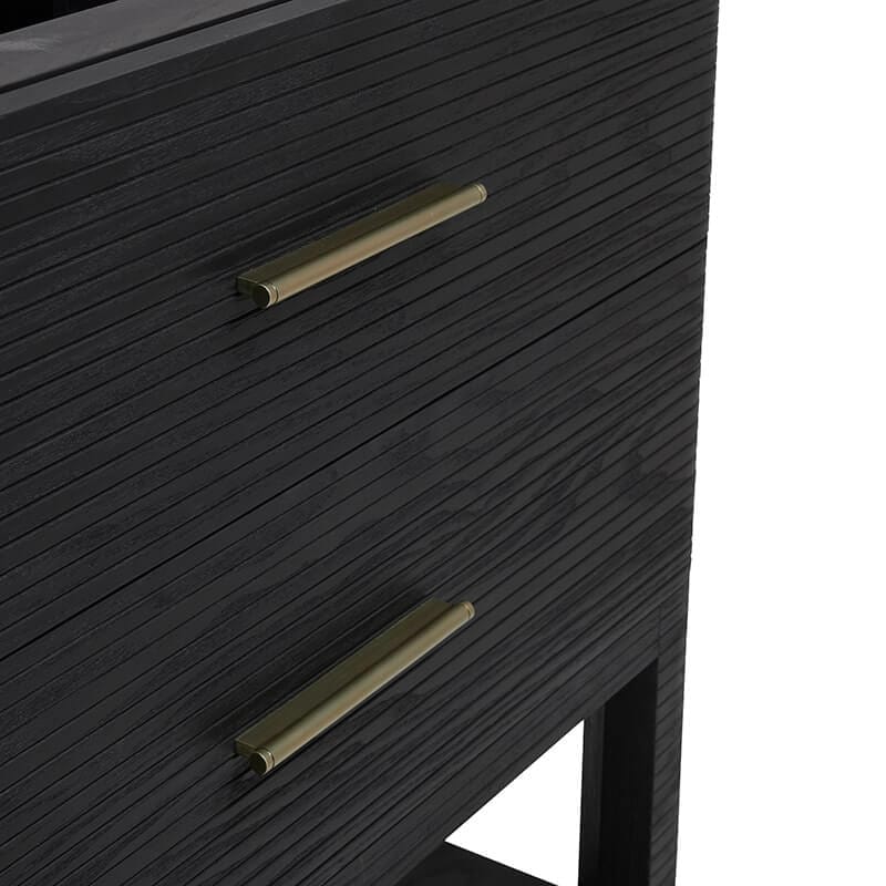 Lucian 36 Inch Single Vanity in Carbon Oak Corner View Champagne Brass Hardware