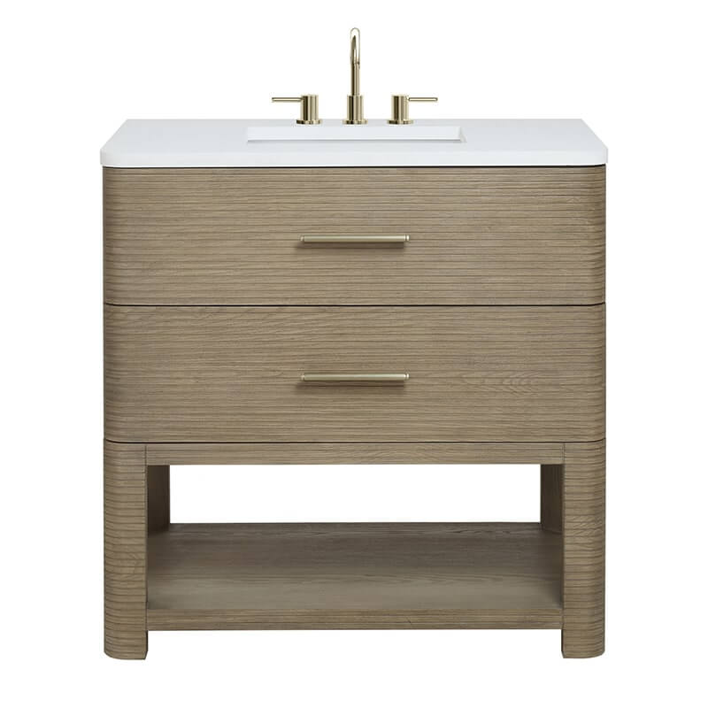 Lucian 36 Inch Single Vanity in Pebble Oak With White Zeus Silestone Widespread Top