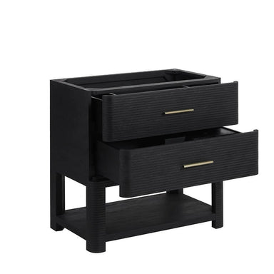 Lucian 36" Single Vanity in Carbon Oak Corner View Open Drawers